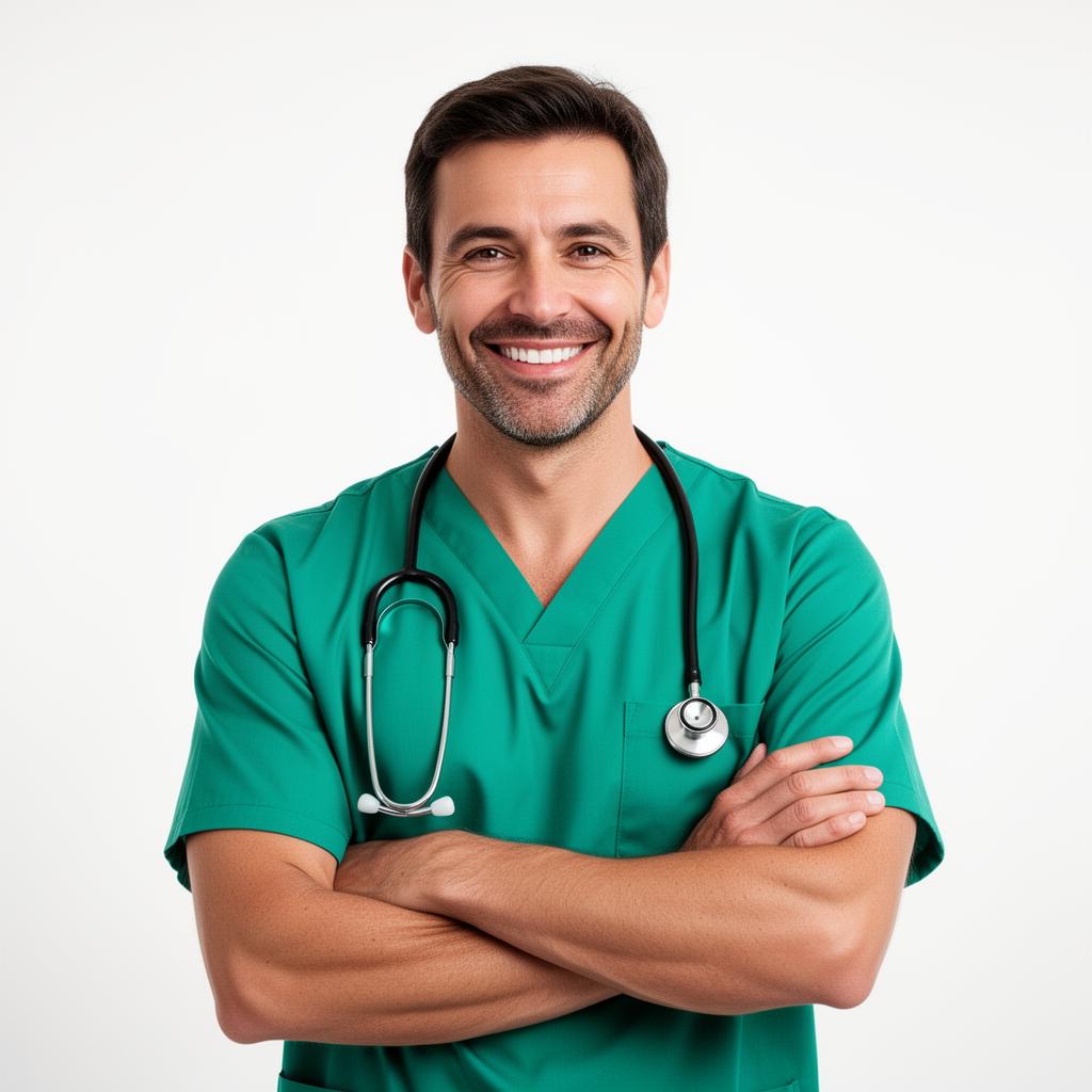 GMC registered doctor in green scrubs